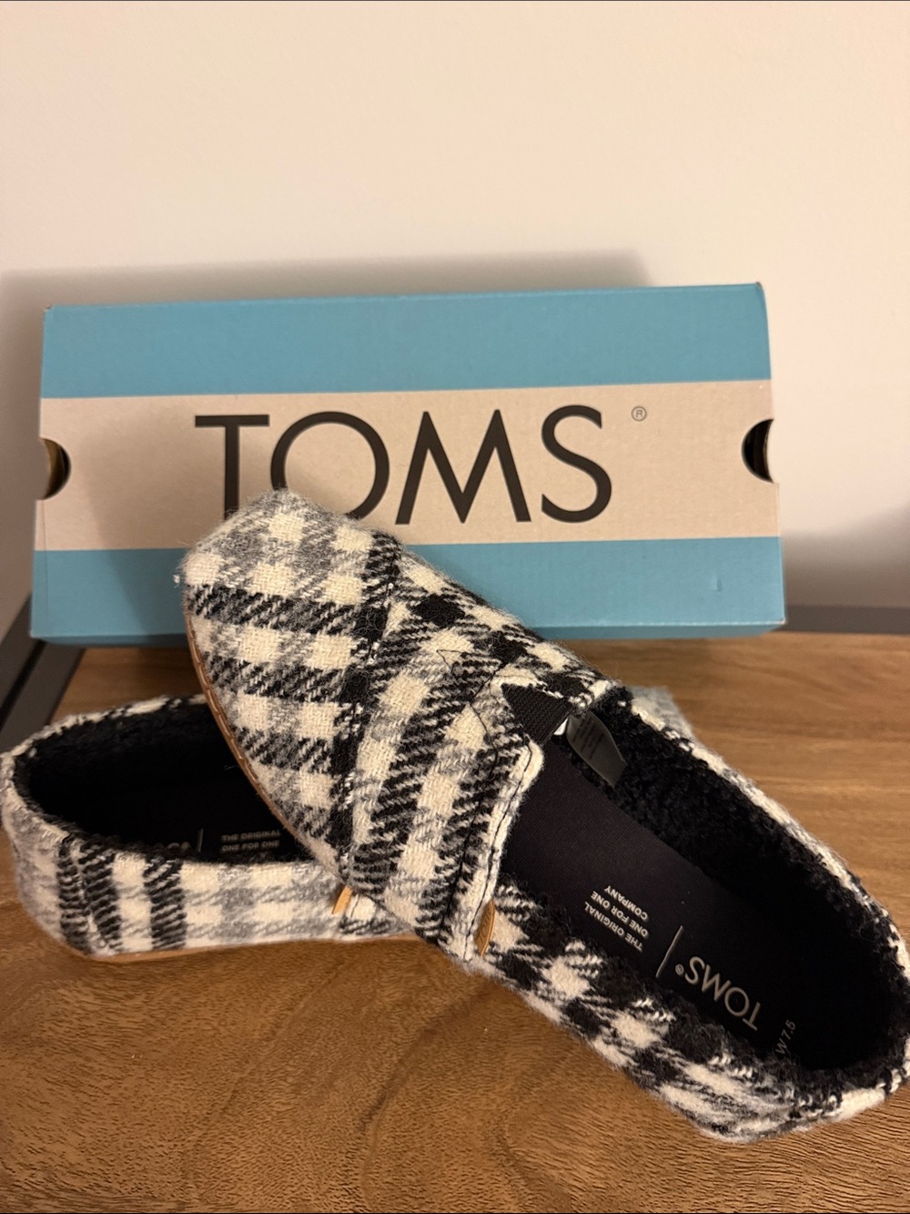 Toms Black and White Plaid Moccasin Slip-Ons